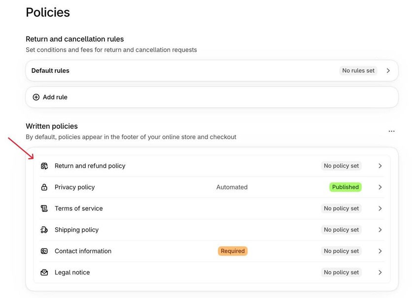Showing the Return and refund policy section